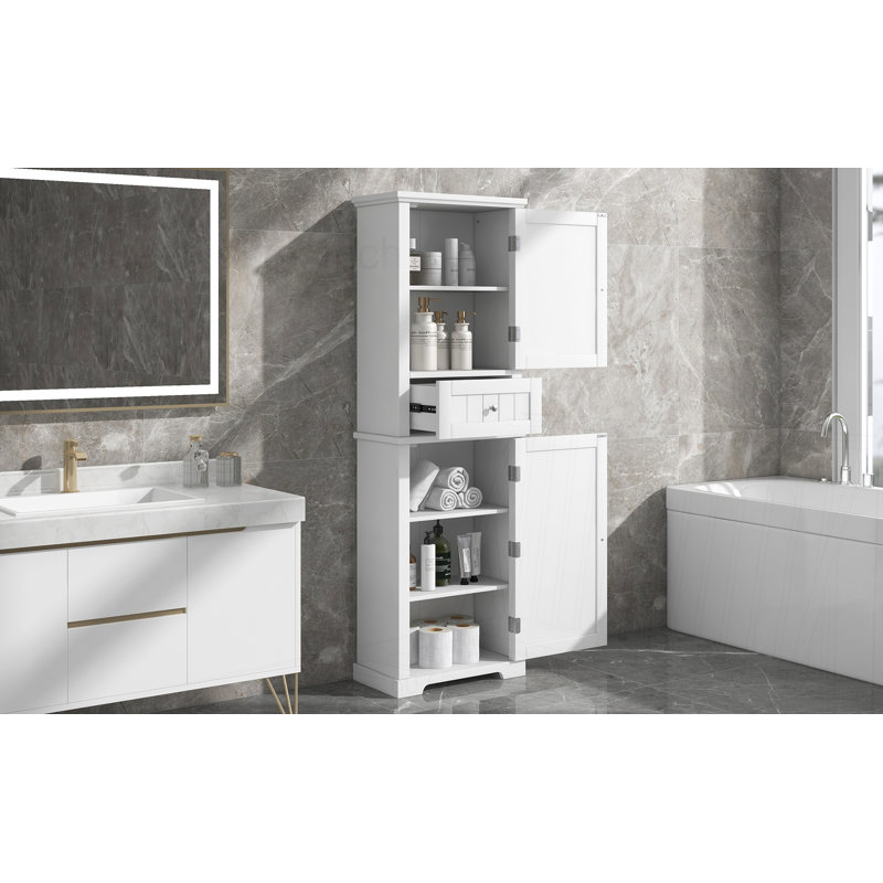 Freestanding Storage Cabinet with Drawer and Adjustable Shelf, White
