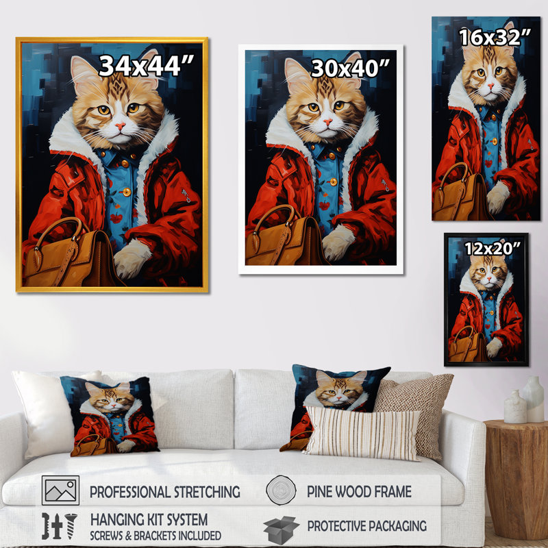 Portrait de chat brun, mode II, H 44 po x l 34 po x P 1,5 po, Cadre simple noir