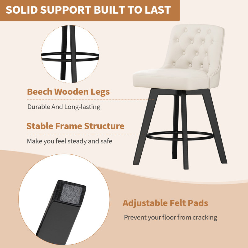Swivel Upholstered 26'' Counter Stool Wood Leg, Counter Stool (26" Seat Height), 2, Cream