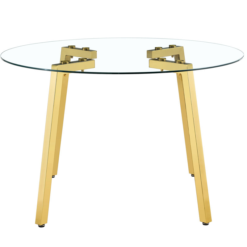 Table de salle à manger luxueuse en verre trempé avec pieds en métal dorés en forme de 7, table haute avec pieds, facile à assembler et à entretenir