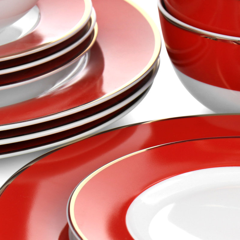Red and Gold Rimmed 12-Piece Ceramic Dinnerware Set