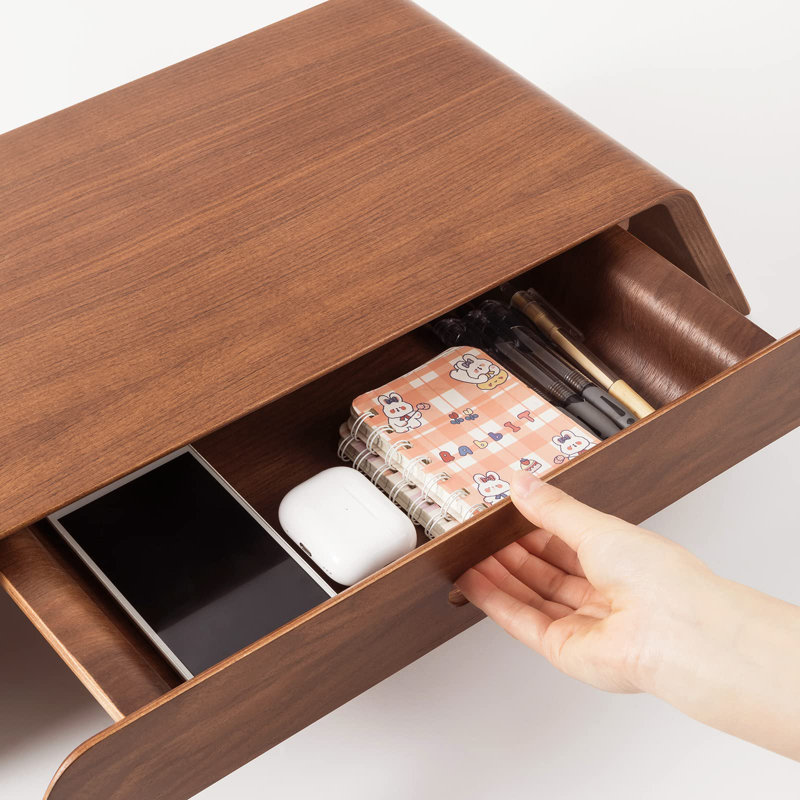Walnut Wood Monitor Stand with Drawer and Buffer Rail