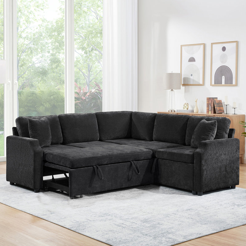 Canapé modulaire Canapé-lit modulaire en L de 81,9 po avec canapé-lit et compartiment de rangement dissimulé, Chenille noir
