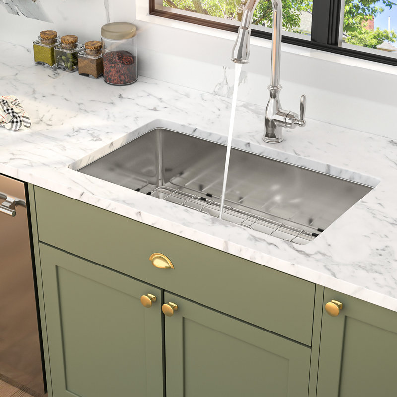 32"X19" Undermount Kitchen Sink, 16 Gauge Stainless Steel, Single Bowl, 10 Inch Depth, Rear - Drain, Brushed Nickel, With Bottom Rinse Grid And Basket Strainer 32 Bowl Steel Gauge, T304, Installation