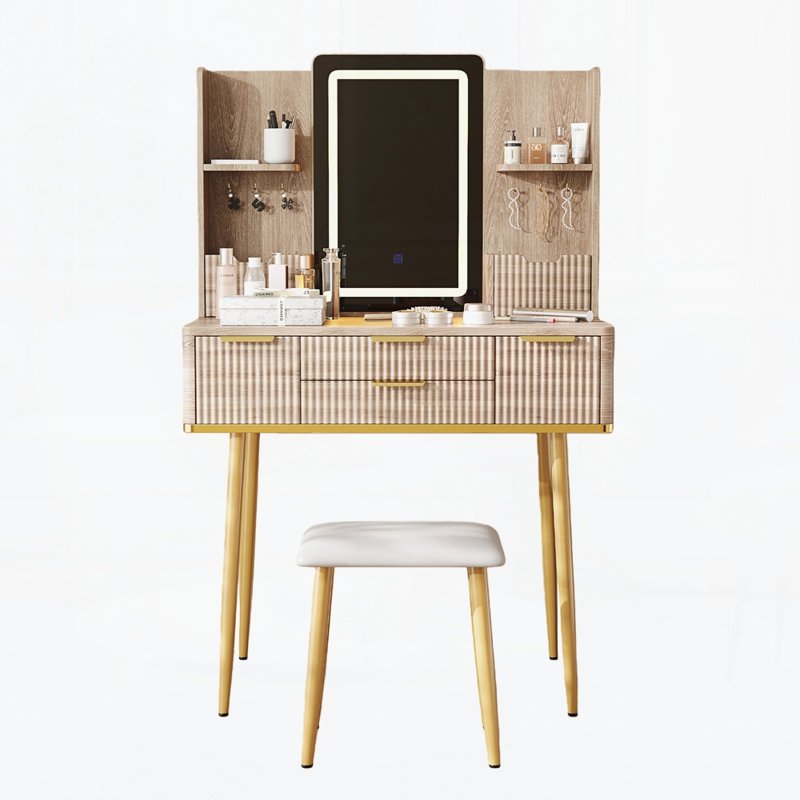 Bureau de coiffeuse à 4 tiroirs jaune brun avec miroir à DEL à intensité variable et tabouret en polyuréthane