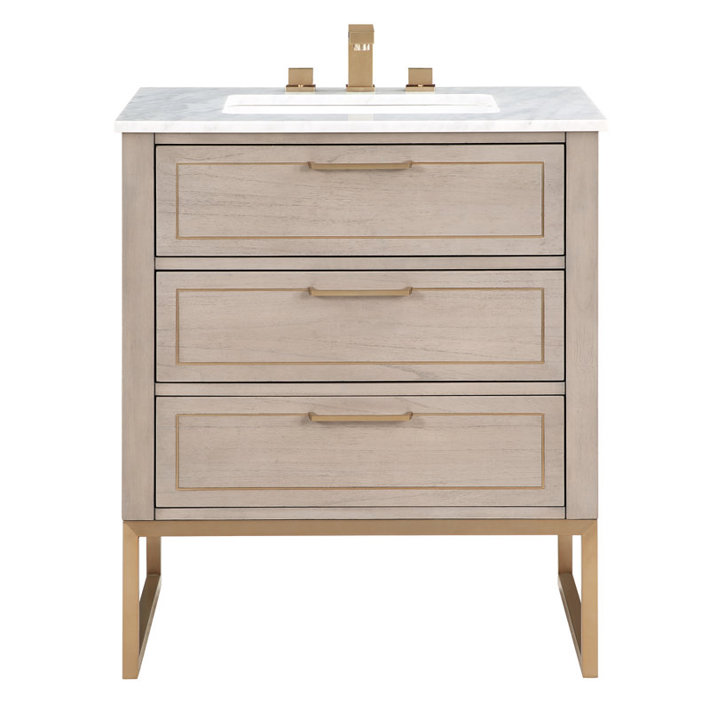 Markham 30 in. Single Vanity, Carrara Marble, Cashmere Gray, Satin Brass
