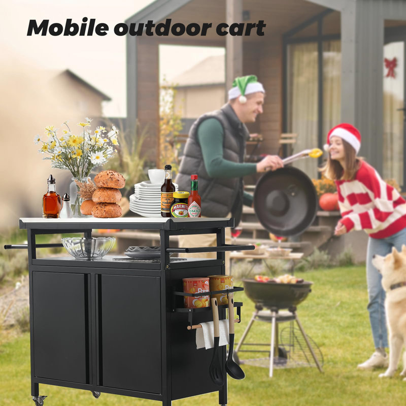 Rolling Bar Grill Cart Outdoor Patio Furniture, Outdoor Grill Table With Stainless Steel Top For Kitchen Prep And Outdoor Storage Cabinet For Grilling Accessories, Black