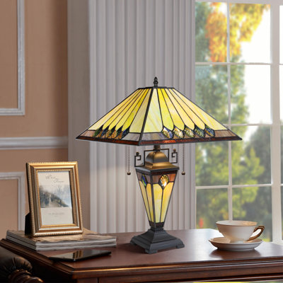 GRAHAM Geometric Tiffany-Style 3-Light Blackish Bronze Double Lit Table Lamp 16" Shade