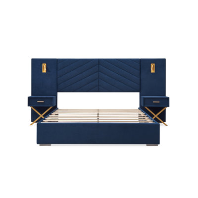 Queen Size Velvet Bed Frame/Vertical Channel Tufted Wingback Headboard/Upholstered Platform Bed/Strong Wooden Slats/No Box Spring Needed/Easy Assembly