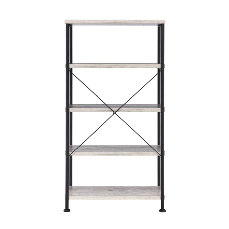 Bibliothèque à 4 tablettes avec cadre en métal noir et tablettes en bois flotté gris