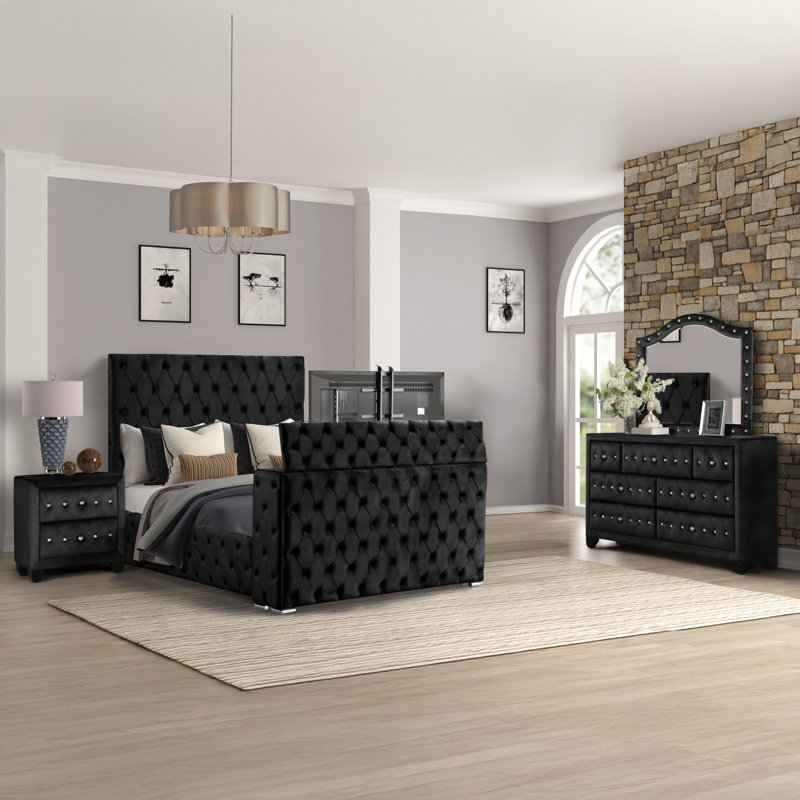 Ensemble de chambre à coucher 4 pièces pour lit très grand capitonné et rembourré en bois noir Encore, Noir, Très grand