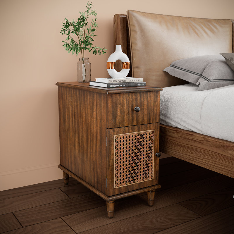 Wood Rattan Side Table with Storage