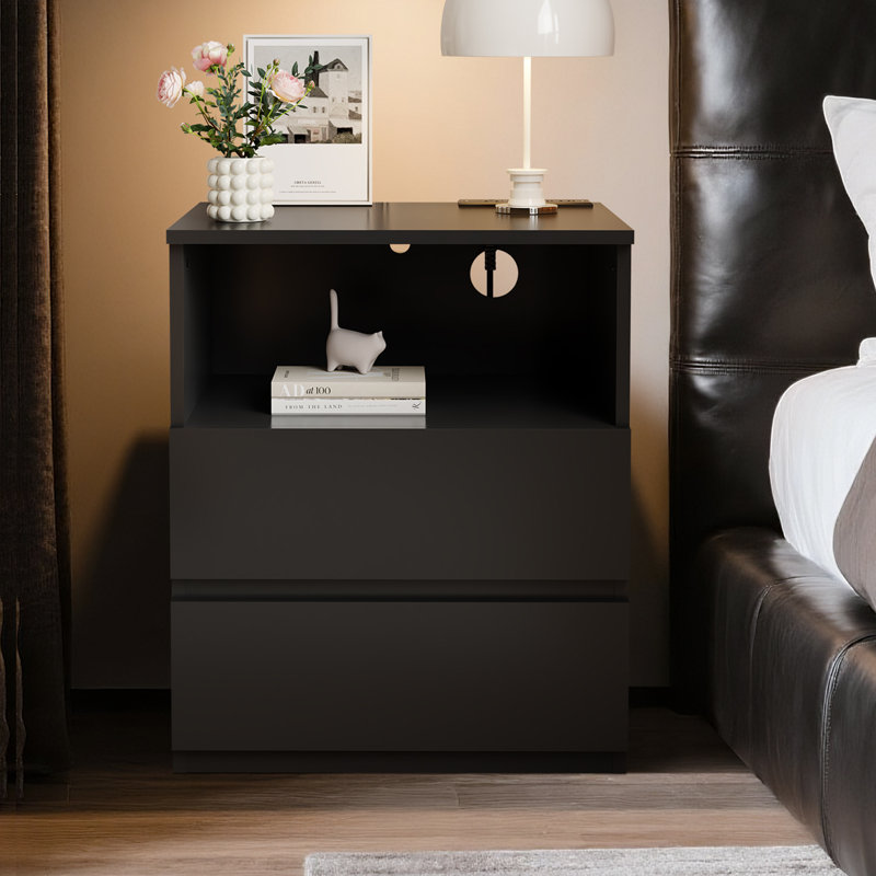 Nightstand Set with 2 Drawer and Built-in Outlets, Black