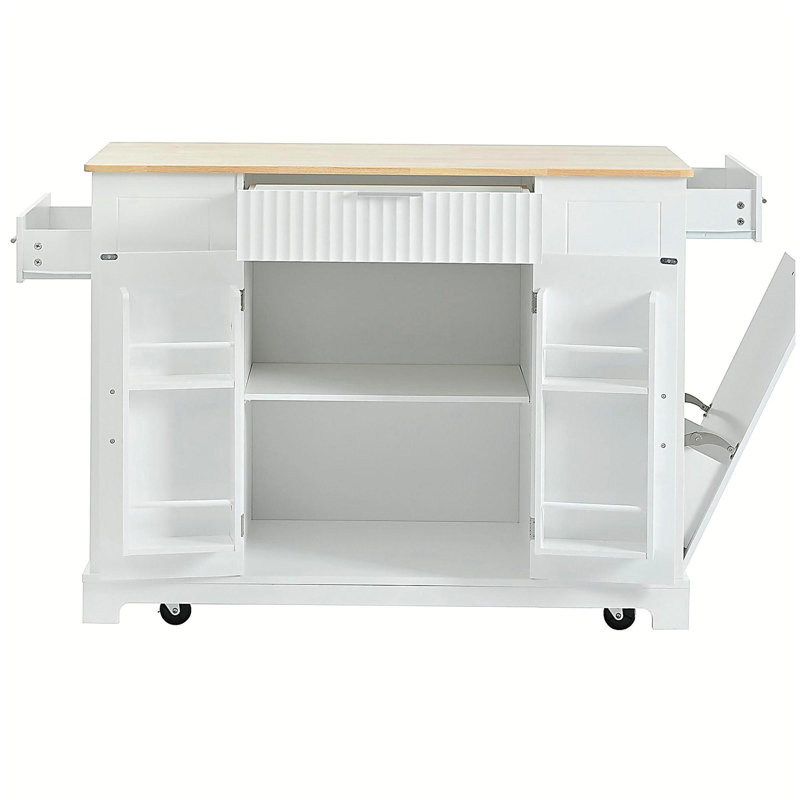 K&K Fluted Kitchen Island with Trash Can Storage Cabinet, Power Outlet, Internal Storage Rack, Rolling Kitchen Islands on 5 Wheels with 3 Drawer, 3 Open Side Racks for 10 Gallon Garbage Bin, White