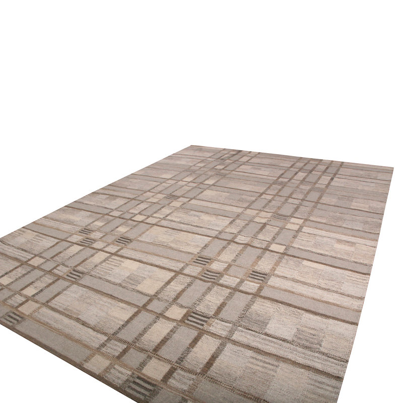 Rug & Kilim’S Scandinavian Style Geometric Beige-Brown Gray And Blue Wool Kilim, Rectangle 9' x 12'