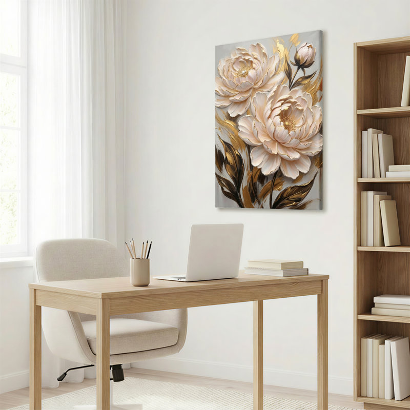 Pivoine florale, décorations dorées sur toile tendue sur toile, ensemble de 1, 2436