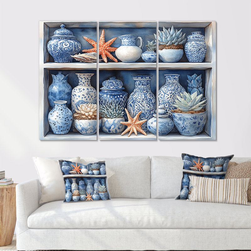 Poterie de plage dans des tons bleus et blancs - Ensemble de décorations murales de plage, Métal métal