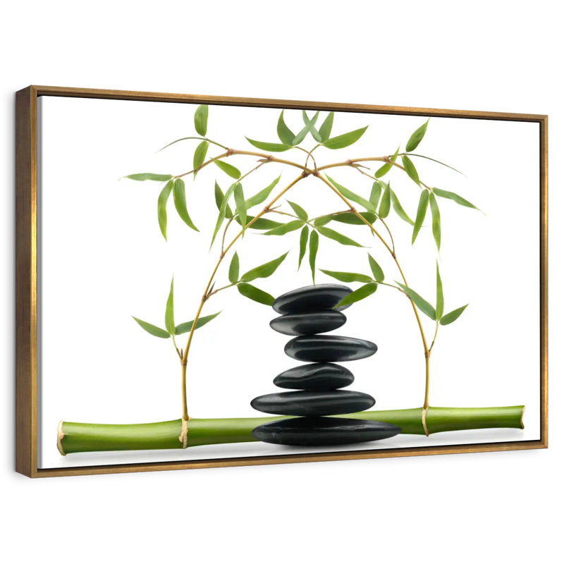 Galets zen et bambou, 25 po x 17 po, Cadre flottant doré