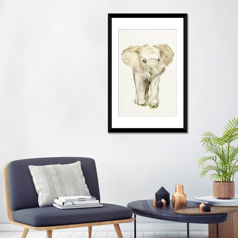 «Baby Elephant II», reproduction d'aquarelle sur toile, H 32 po x l 24 po x P 1 po, Papier d'art encadré noir, Blanc