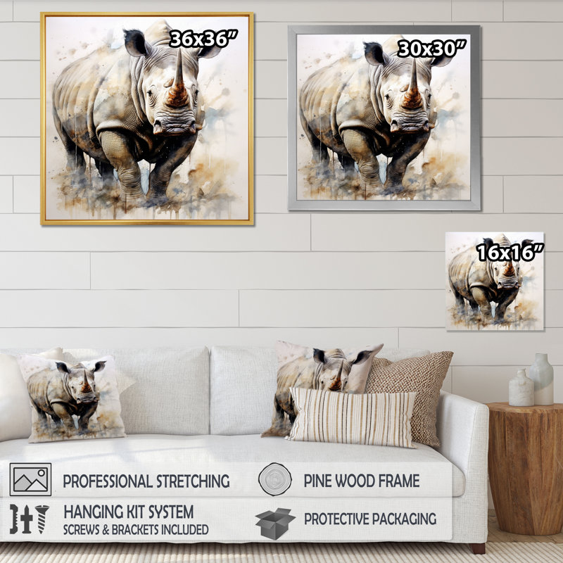 Wild Rhinoceros V - animaux, art mural sur toile, H 30 po x l 30 po x P 1 po, Cadre simple noir