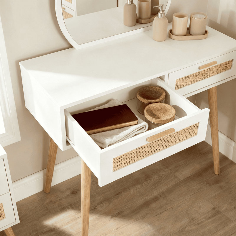 Anelise Rattan Dressing Table with Mirror, White
