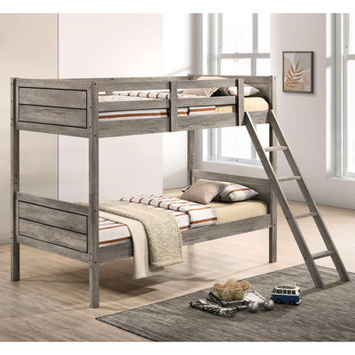 Weathered Taupe Twin Bunk Bed, Convertible To Two Beds, , And Guardrails, Engineered Wood For Bedroom Design Bed In Taupe, Design, Slatted Re - Configuring
