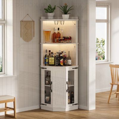 Corner Bar Cabinet with Power Outlet, Adjustable Shelves, and Lights for Home, Perfect for Wine Storage and Display