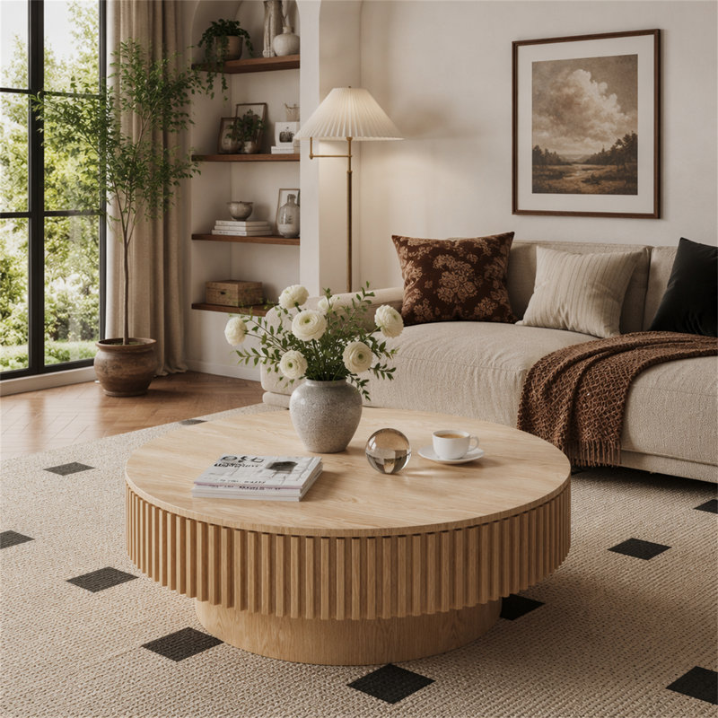 Table basse 39,37 po avec rangement moderne en bois massif et placage, Bois naturel