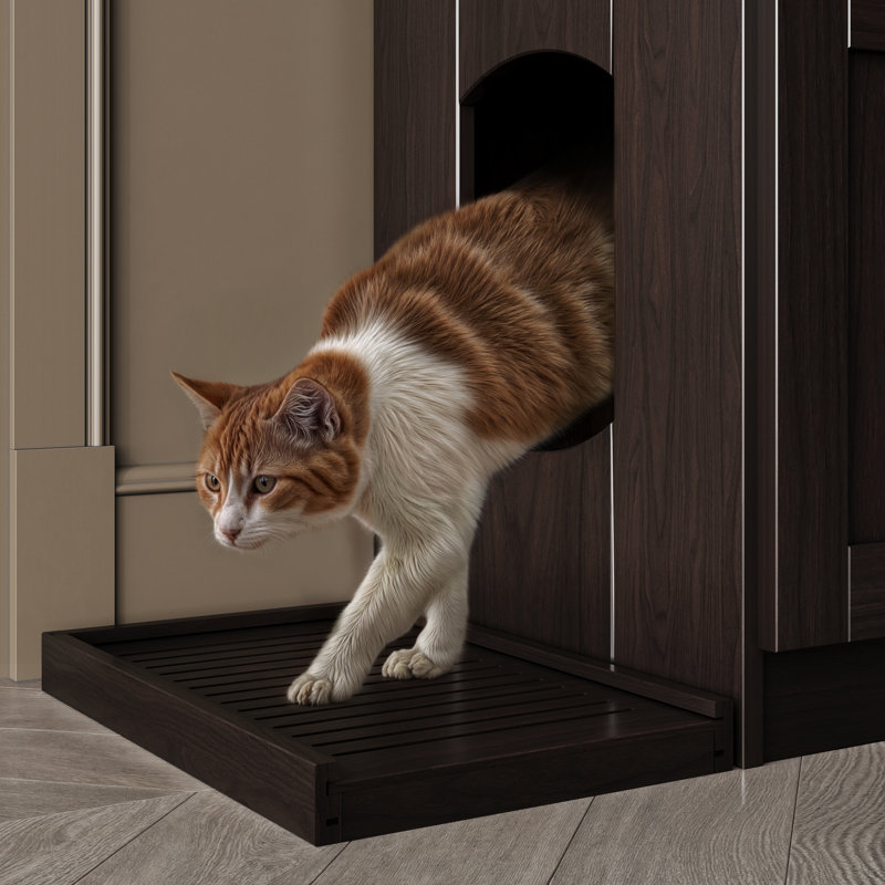 Enceinte de chat à 2 portes avec 2 tiroirs et bac à litière Palace Imports 100% bois massif Haajarah, Java