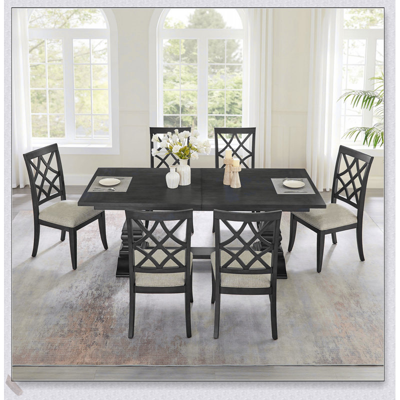 (1 table + 6 chaises) Ensemble de salle à manger en bois extensible pour 7 personnes de 102,01 pouces pour 6 personnes, design incurvé, cuisine moderne et chaises rembourrées