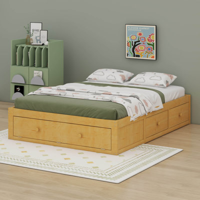 Queen Size Solid Wood Bed With 4 Storage Drawers & Hydraulic Lift Storage, Platform Bed Frame No Headboard