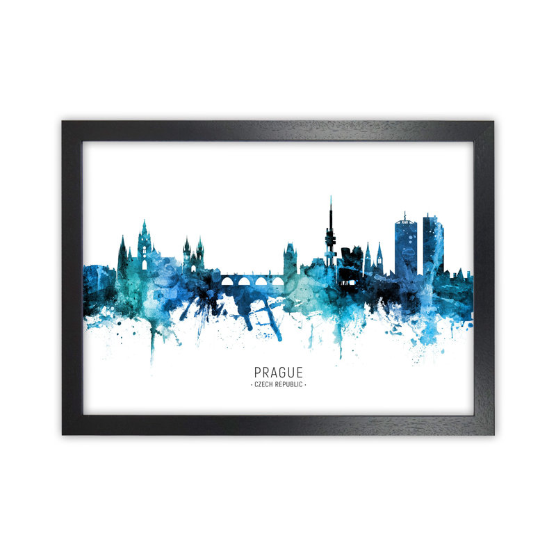 Prague Czech Republic Skyline Blue City Name by Michael Tompsett - Print, Black Framed, 64cm H x 88cm W x 3cm D