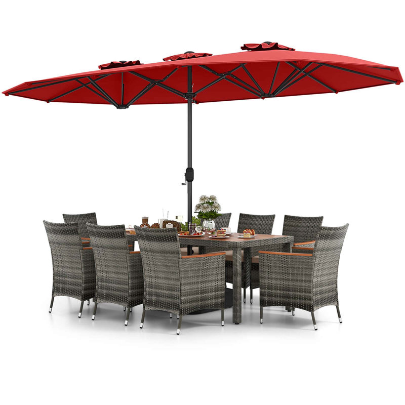 Red Barrel Studio® 10 Pieces Patio Wicker Dining Set With Double-sided Patio Umbrella 8 Armchairs Coffee, Red