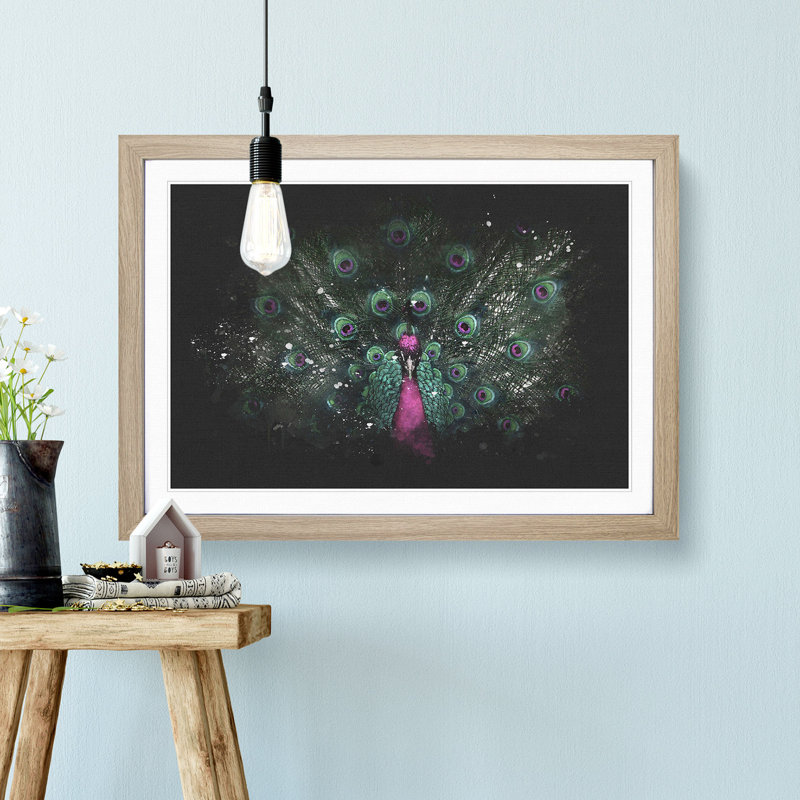 Mesmerising Pink and Green Peacock - Framed Print, 24cm H x 33cm W x 2cm D, Oak Framed