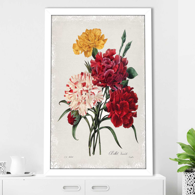 Bouquet botanique avec œillets par - Peinture, Cadre blanc, H 39,5 po x l 27,5 po x P 0,75 po