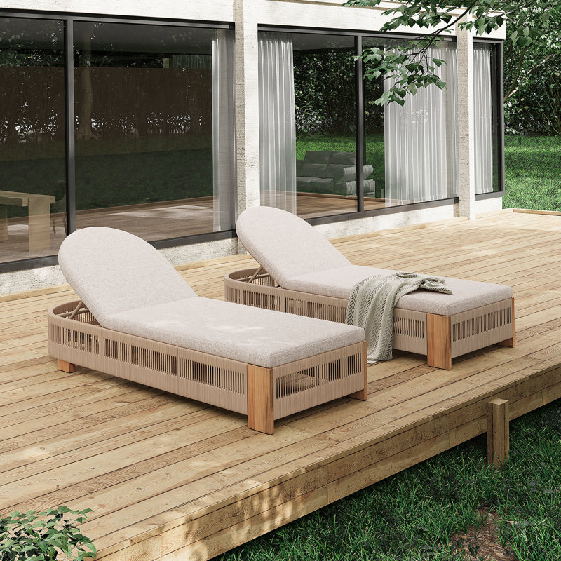Outdoor Acacia Wood Patio Adjustable Lounge Chair Set Of 2 - Uncushioned For Backyard Pool Garden - Beige Rope & Natural Iron