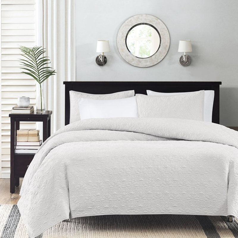 Courtepointe réversible blanche pour lit double / grand lit - Rembourrage de literie saisonnier polyvalent en coton prélavé 3 pièces avec 2 taies décoratives incluses