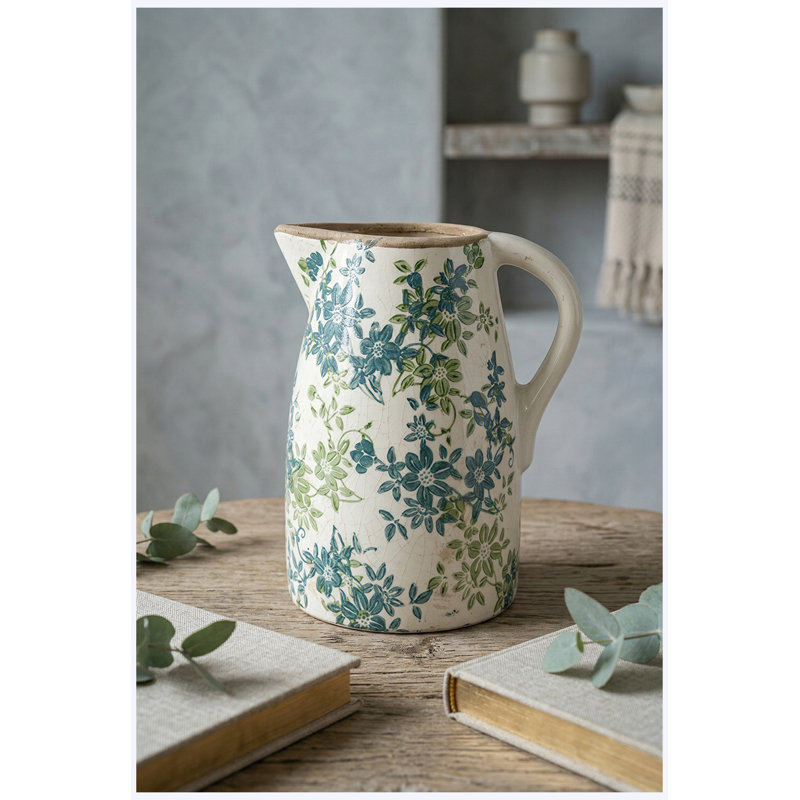 Vase à fleurs 9,4 "H, pichet décoratif en céramique avec motif floral