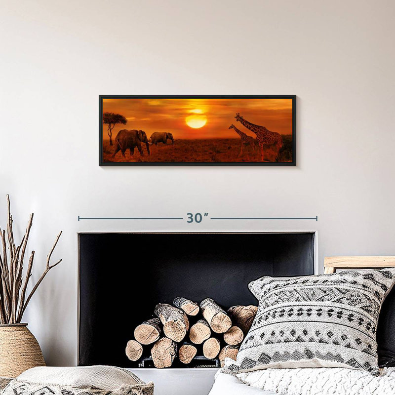 African Safari Whitmer Sunset, 25" X 9", Floating Frame Black