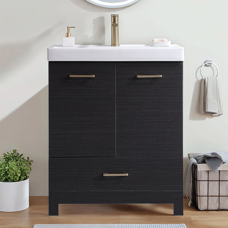30” Modern Black Single Free-standing  Bathroom Vanity With Ceramic Sink