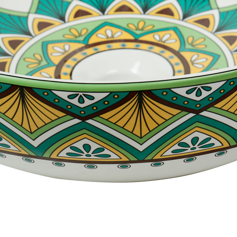 16" Round Artistic Ceramic Vessel Sink – Glossy Above-Counter Basin with Hand-Inspired Printed Pattern