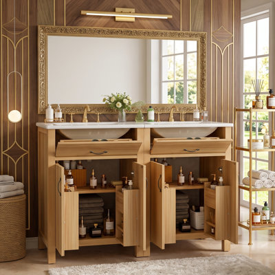 Meuble-lavabo autoportant de style transitionnel de 48 pouces avec lavabo en céramique, cadre et porte en bois massif, tablette réglable et 1 tiroir (naturel)