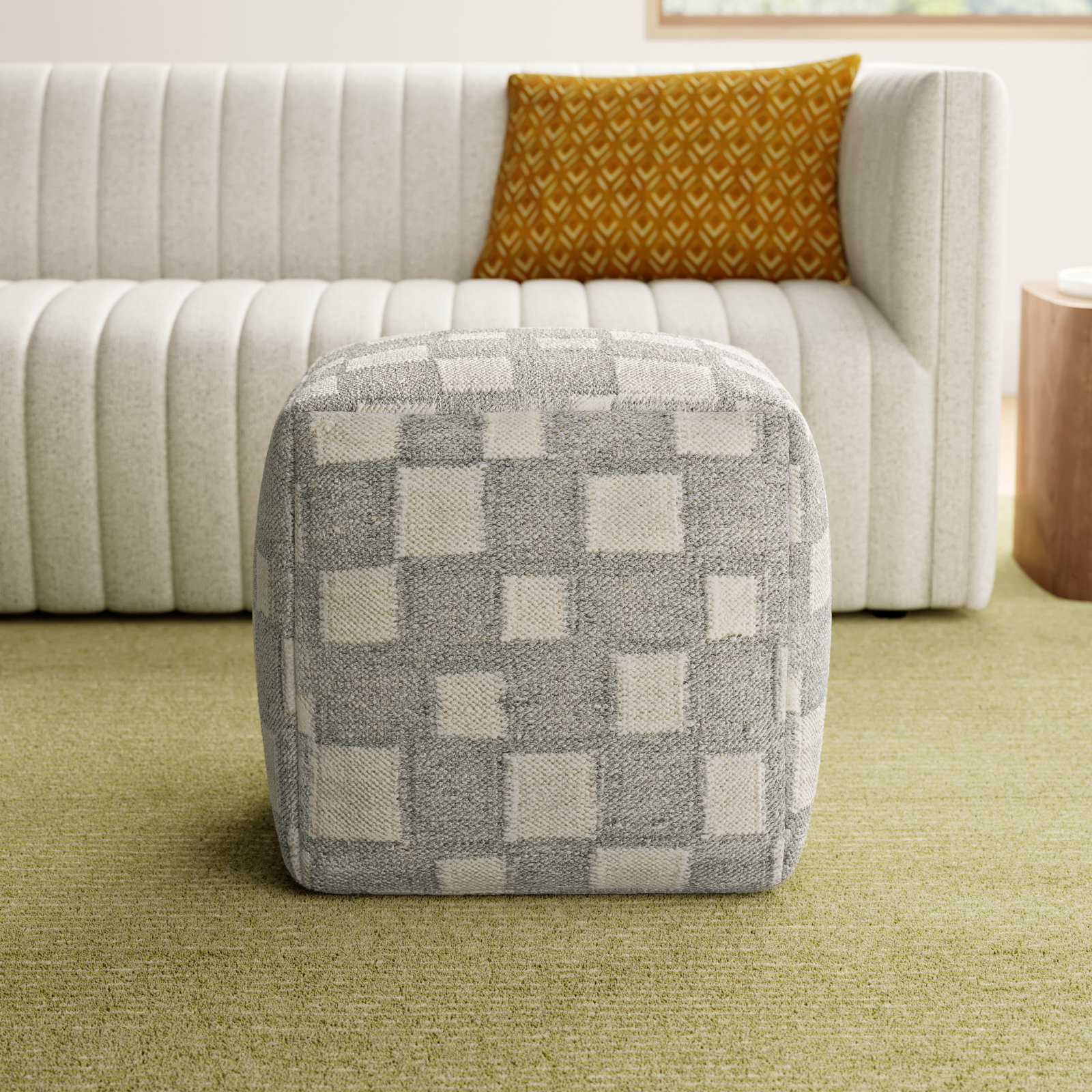 Gwennie Upholstered Pouf, Gray/White Wool/Cotton Blend