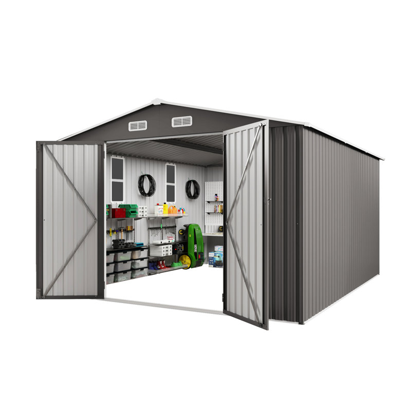 Abri de jardin en métal gris de 3 x 3,6 m (10 x 12 pi) avec double porte et fenêtres translucides, idéal pour ranger le mobilier d'atelier, les outils et les vélos.