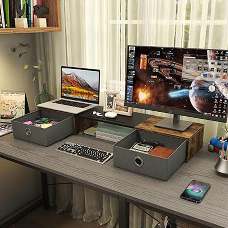 17 Stories Dual Monitor Stand Riser with Two Drawers, Extra Large ...