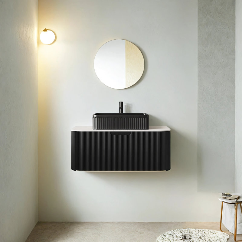 36-Inch Wall-Mounted Floating Curved Edge Striped Bathroom Vanity With Sink With Drawers, Black Rectangular Ceramic Basin, Black