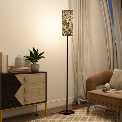 PeeNoke 68.5" Standing Floor Lamp Watercolor Botanical Floral Motif Aged Paper Dimmable Metal Pole Lamp with Linen Lampshade LED Bulb Included