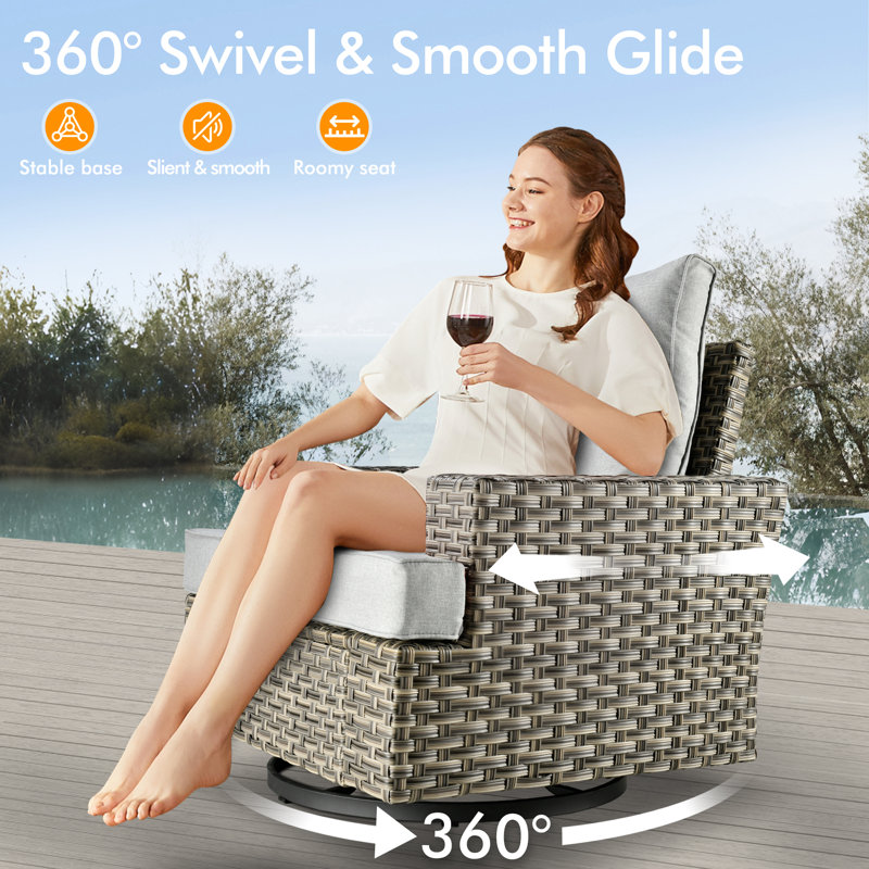 14- Person Rattan Outdoor Seating Group With Swivel Rockers and Fire Pit Table, Light Gray