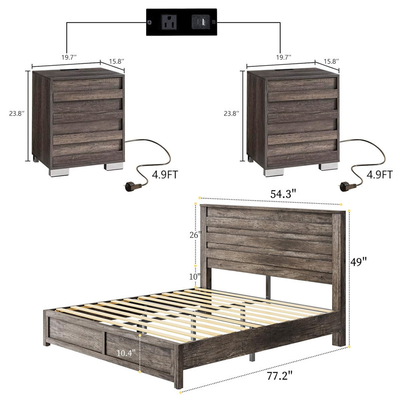 Louby Farmhouse 3 Piece Platform Bed And Nightstand Bedroom Set, Gray, Full / Double