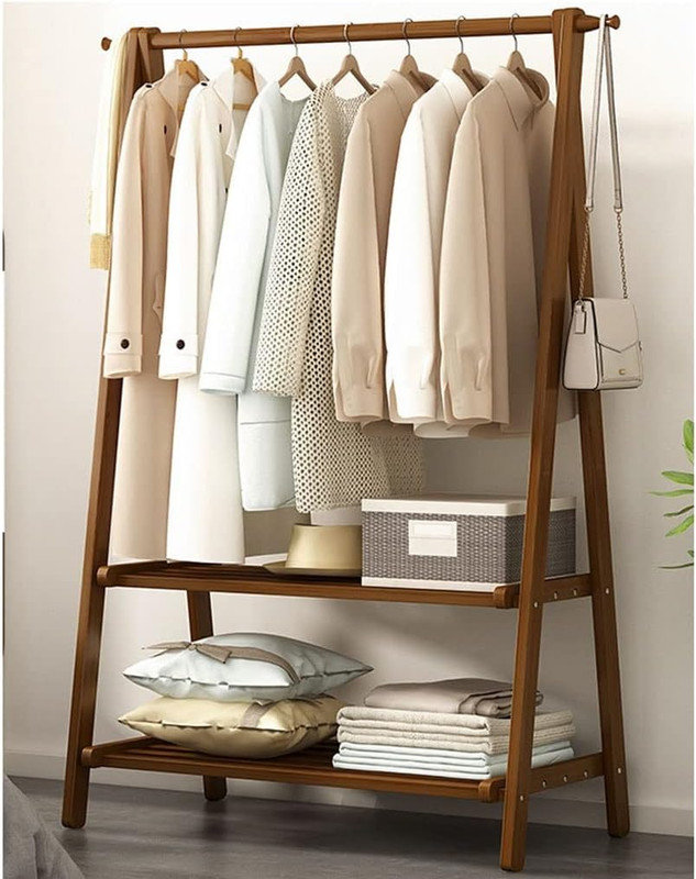 Portemanteau pliant autoportant en bambou, portemanteau avec 2 tablettes de rangement à 2 niveaux, Brun